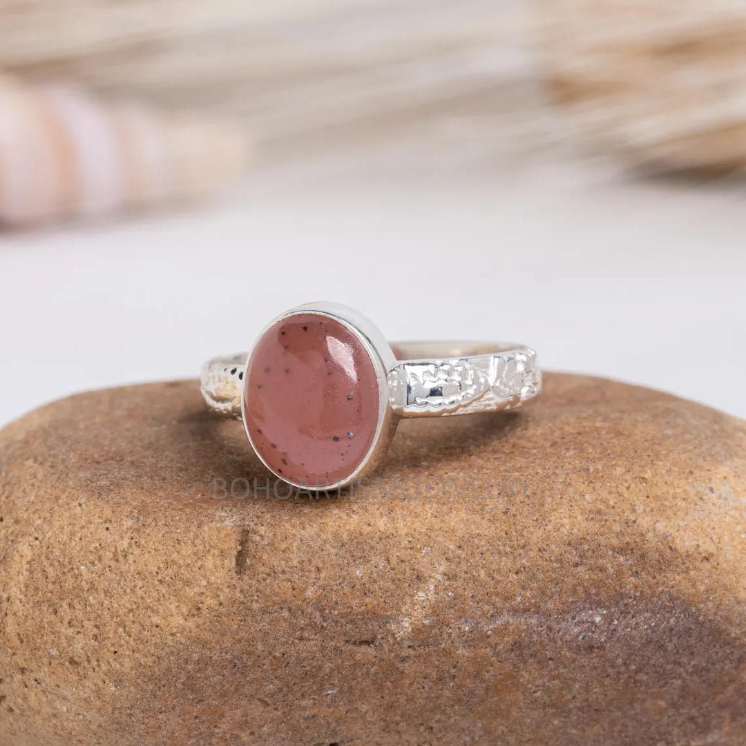Handmade Strawberry Quartz Ring: 925 Sterling Silver Boho Jewelry