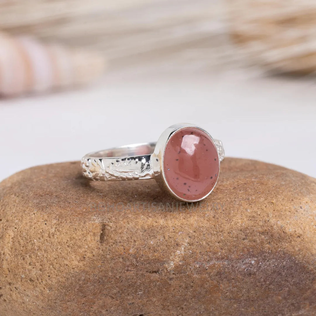 Handmade Strawberry Quartz Ring: 925 Sterling Silver Boho Jewelry