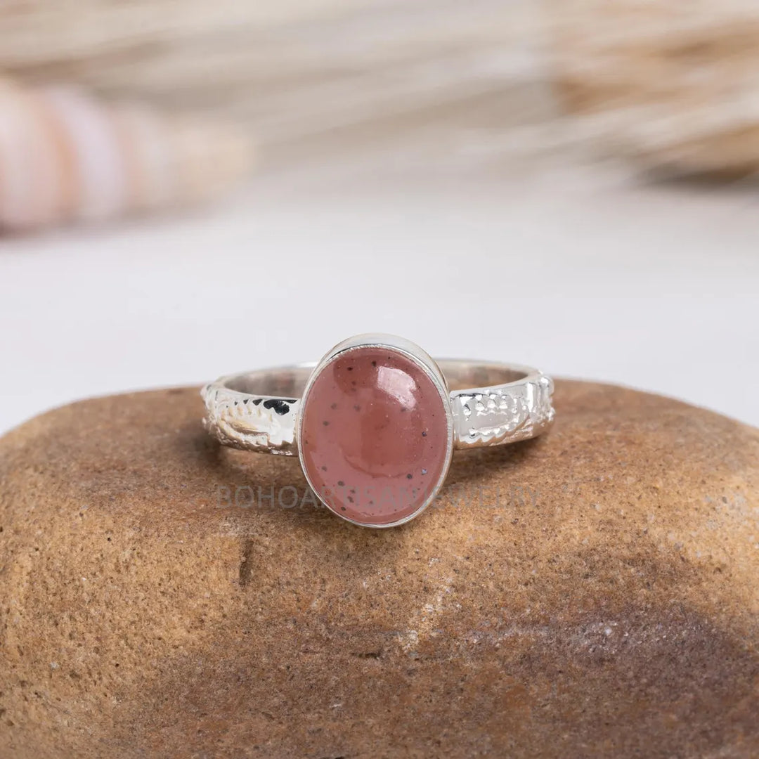 Handmade Strawberry Quartz Ring: 925 Sterling Silver Boho Jewelry