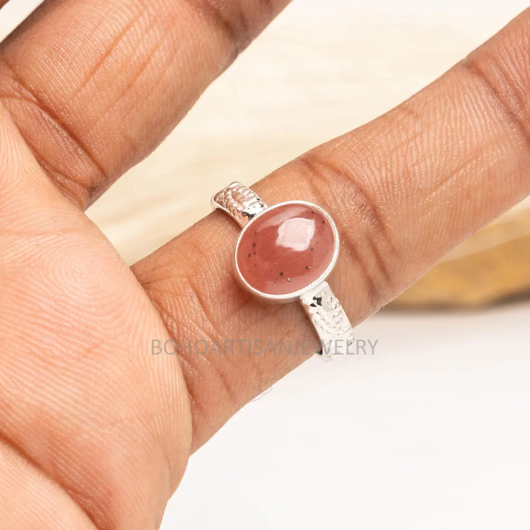 Handmade Strawberry Quartz Ring: 925 Sterling Silver Boho Jewelry