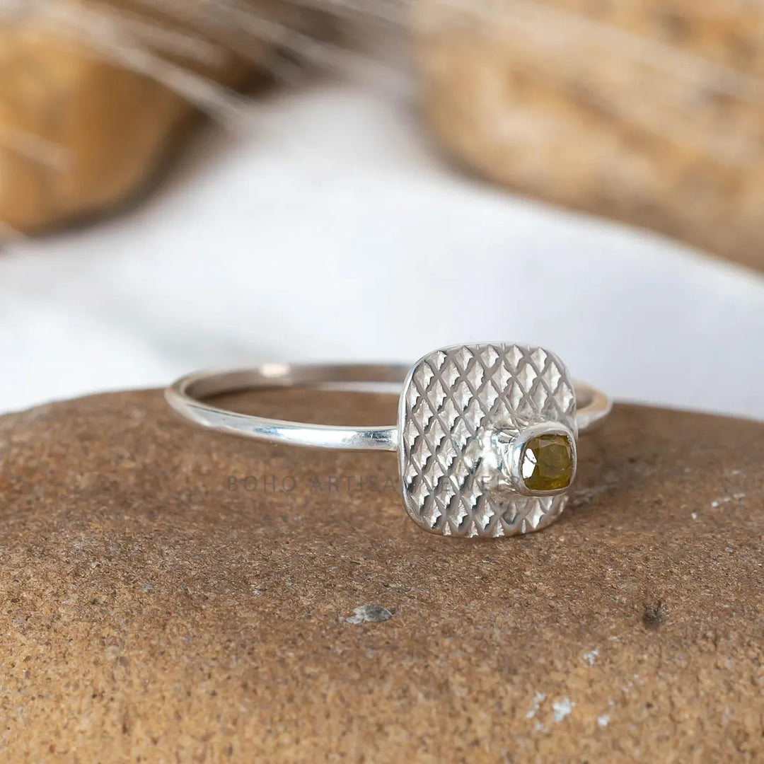 Yellow Diamond Ring: Sterling Silver Rope Bezel, Boho Engagement