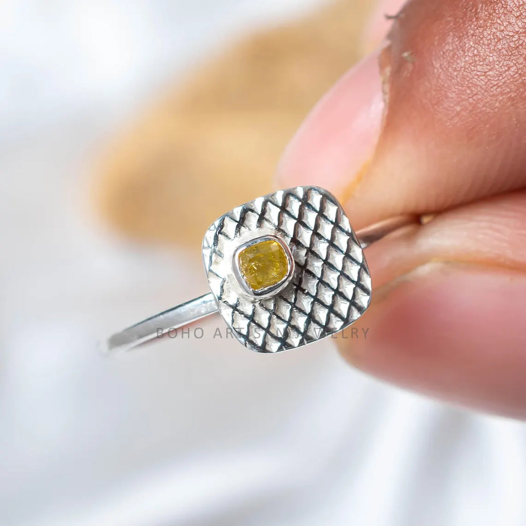 Yellow Diamond Ring: Sterling Silver Rope Bezel, Boho Engagement