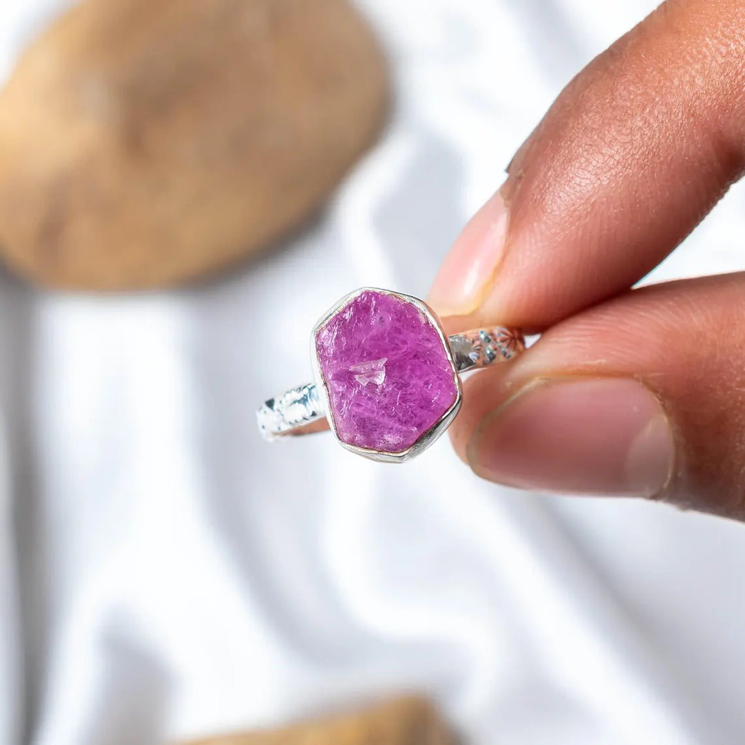 Raw Ruby Sterling Silver Floral Ring: Handmade July Birthstone