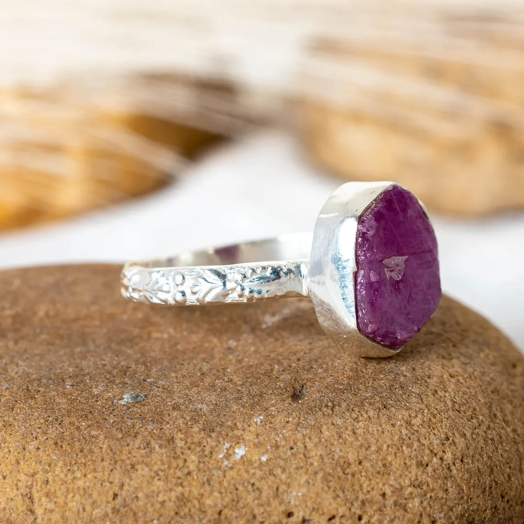 Raw Ruby Sterling Silver Floral Ring: Handmade July Birthstone