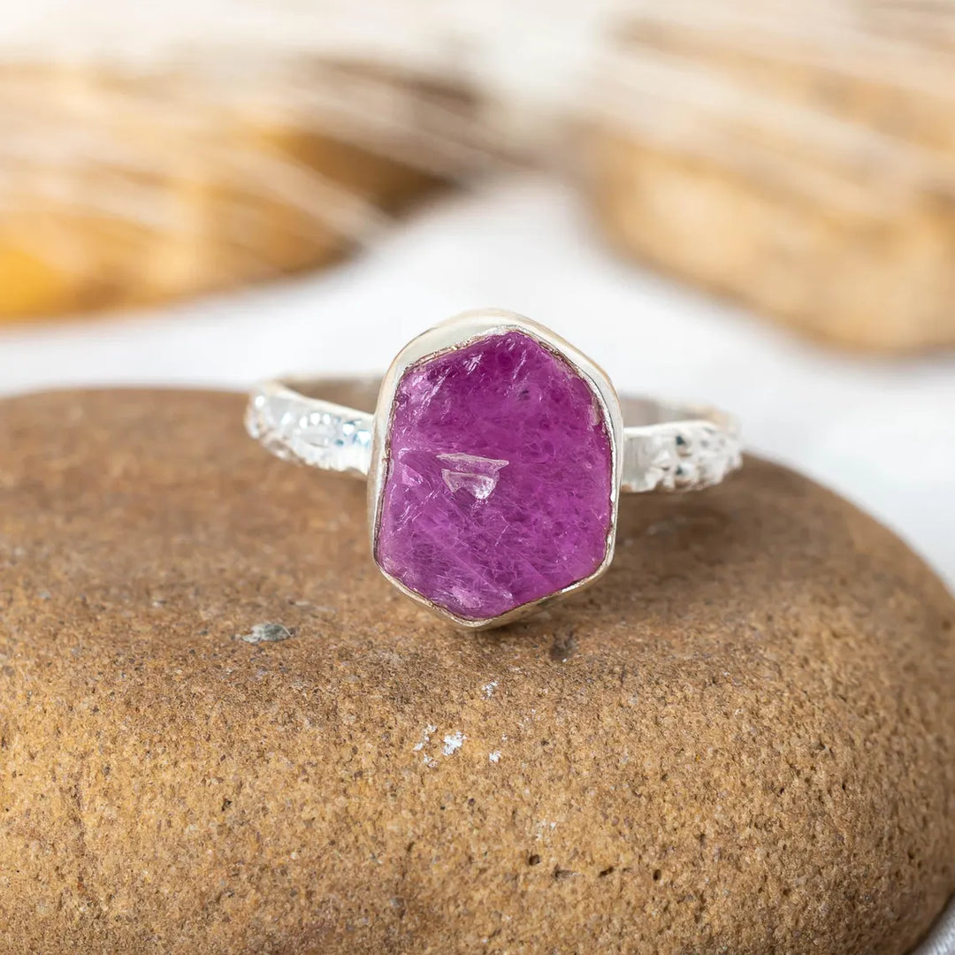 Raw Ruby Sterling Silver Floral Ring: Handmade July Birthstone
