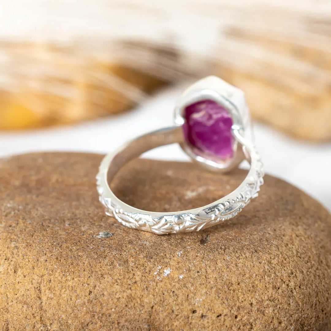 Raw Ruby Sterling Silver Floral Ring: Handmade July Birthstone