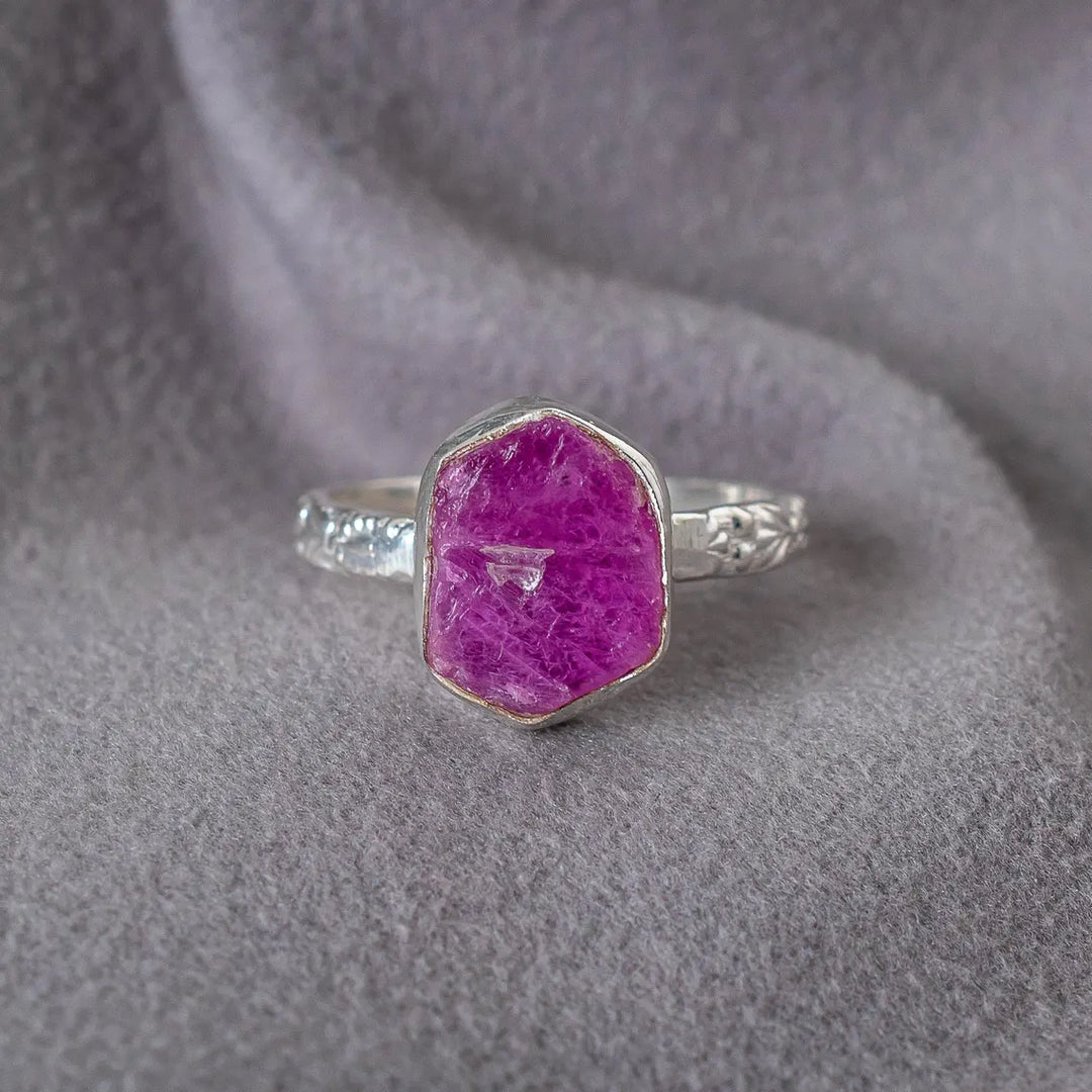 Raw Ruby Sterling Silver Floral Ring: Handmade July Birthstone
