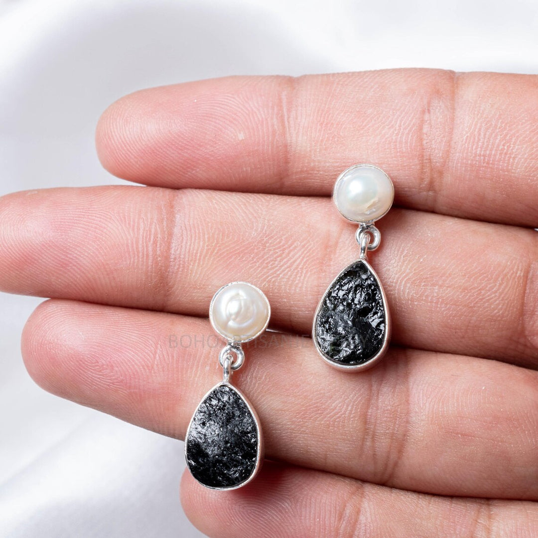 Pearl & Black Tourmaline Sterling Silver Earrings: Raw Gemstone Boho Studs