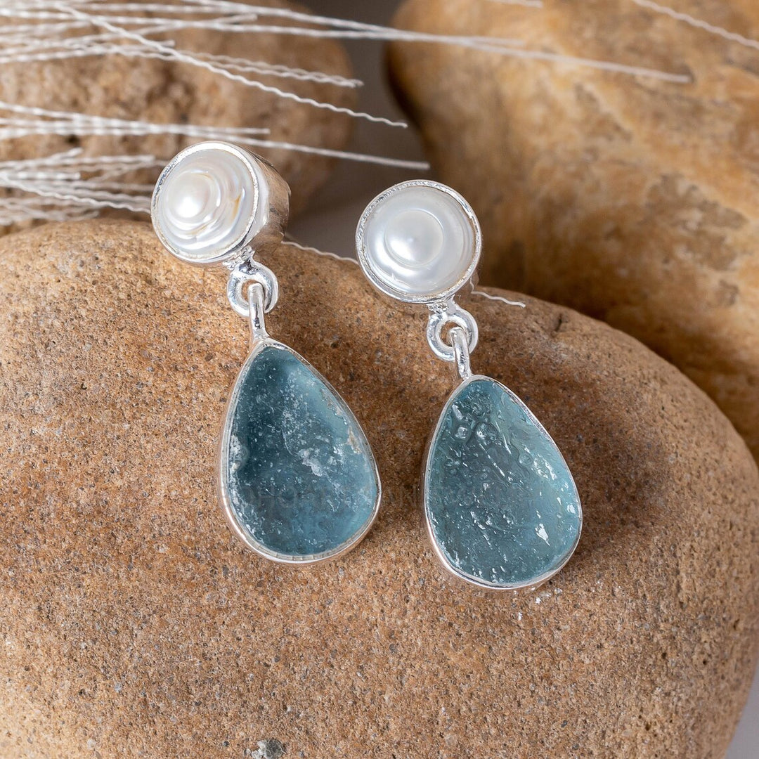 Pearl & Black Tourmaline Sterling Silver Earrings: Raw Gemstone Boho Studs