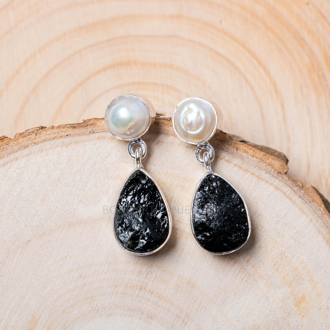 Pearl & Black Tourmaline Sterling Silver Earrings: Raw Gemstone Boho Studs