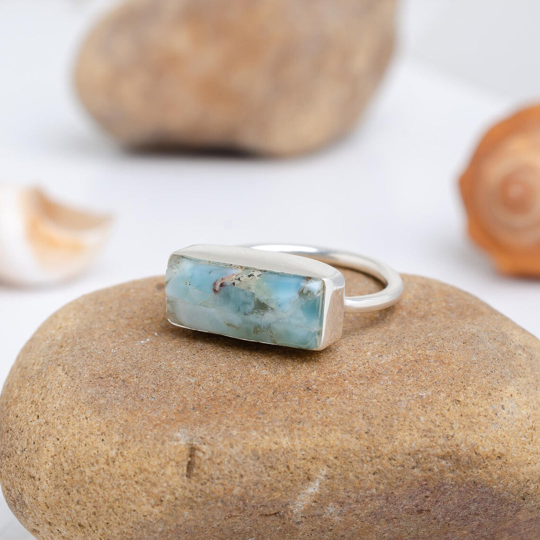 Larimar Bar Ring: Handmade Sterling Silver Boho Gemstone Jewelry