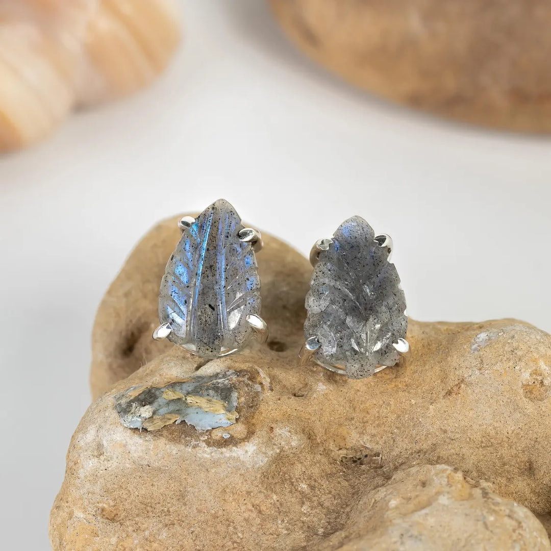 Hand Carved Labradorite Leaf Earrings: 925 Sterling Silver Boho Studs