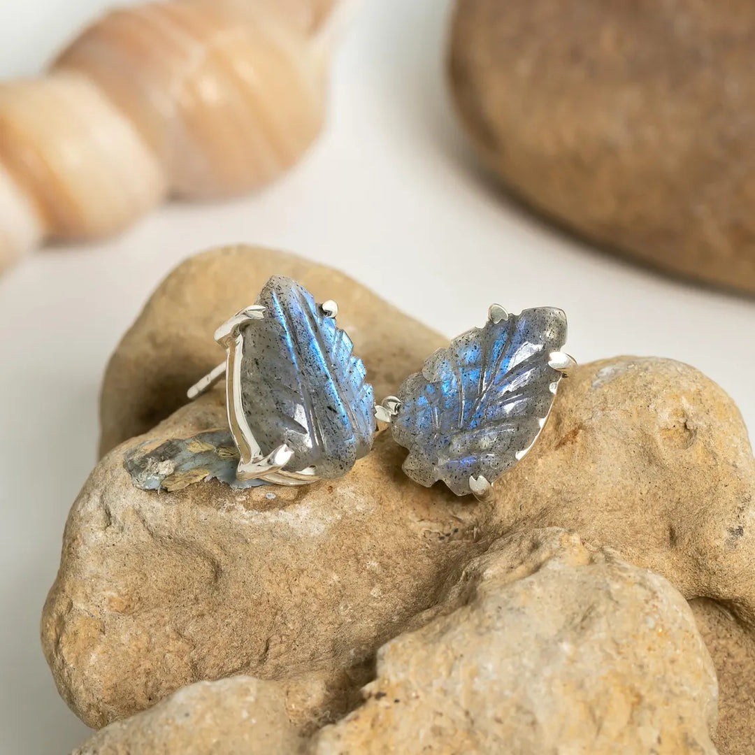 Hand Carved Labradorite Leaf Earrings: 925 Sterling Silver Boho Studs