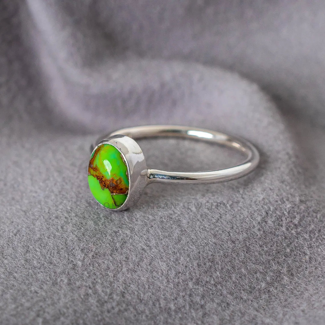Green Turquoise Sterling Silver Ring: Boho Copper Accent