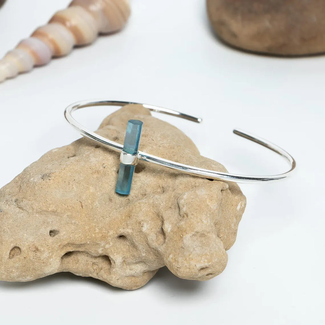 Raw Aquamarine Cuff Bracelet, Aquamarine Stick Bangle Bracelet, Handmade Silver Jewelry, Adjustable Bracelet, March Birthstone, Gift For Her