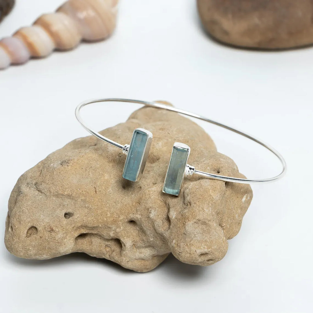 Raw Aquamarine Cuff Bracelet, Aquamarine Stick Bangle Bracelet, Handmade Silver Jewelry, Adjustable Bracelet, March Birthstone, Gift For Her