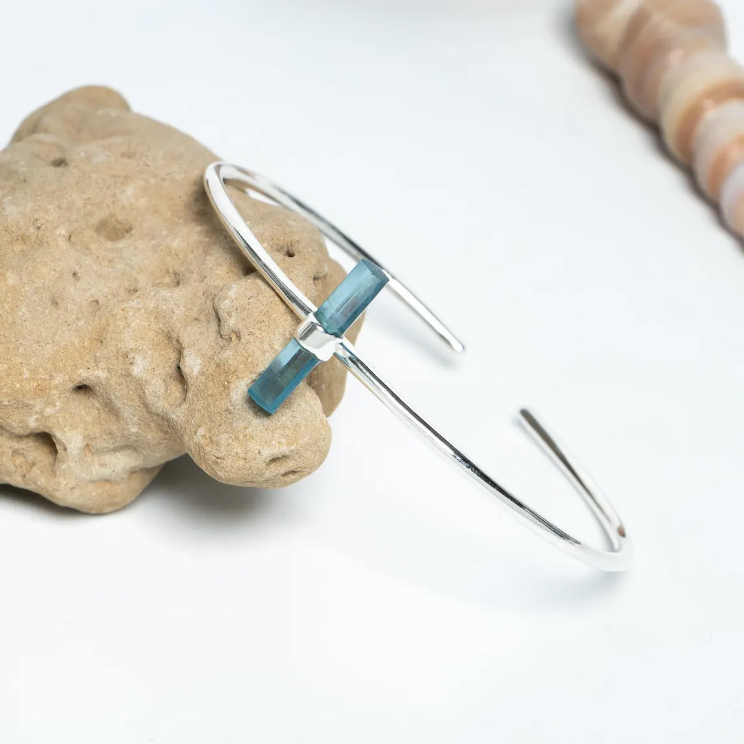 Raw Aquamarine Cuff Bracelet, Aquamarine Stick Bangle Bracelet, Handmade Silver Jewelry, Adjustable Bracelet, March Birthstone, Gift For Her