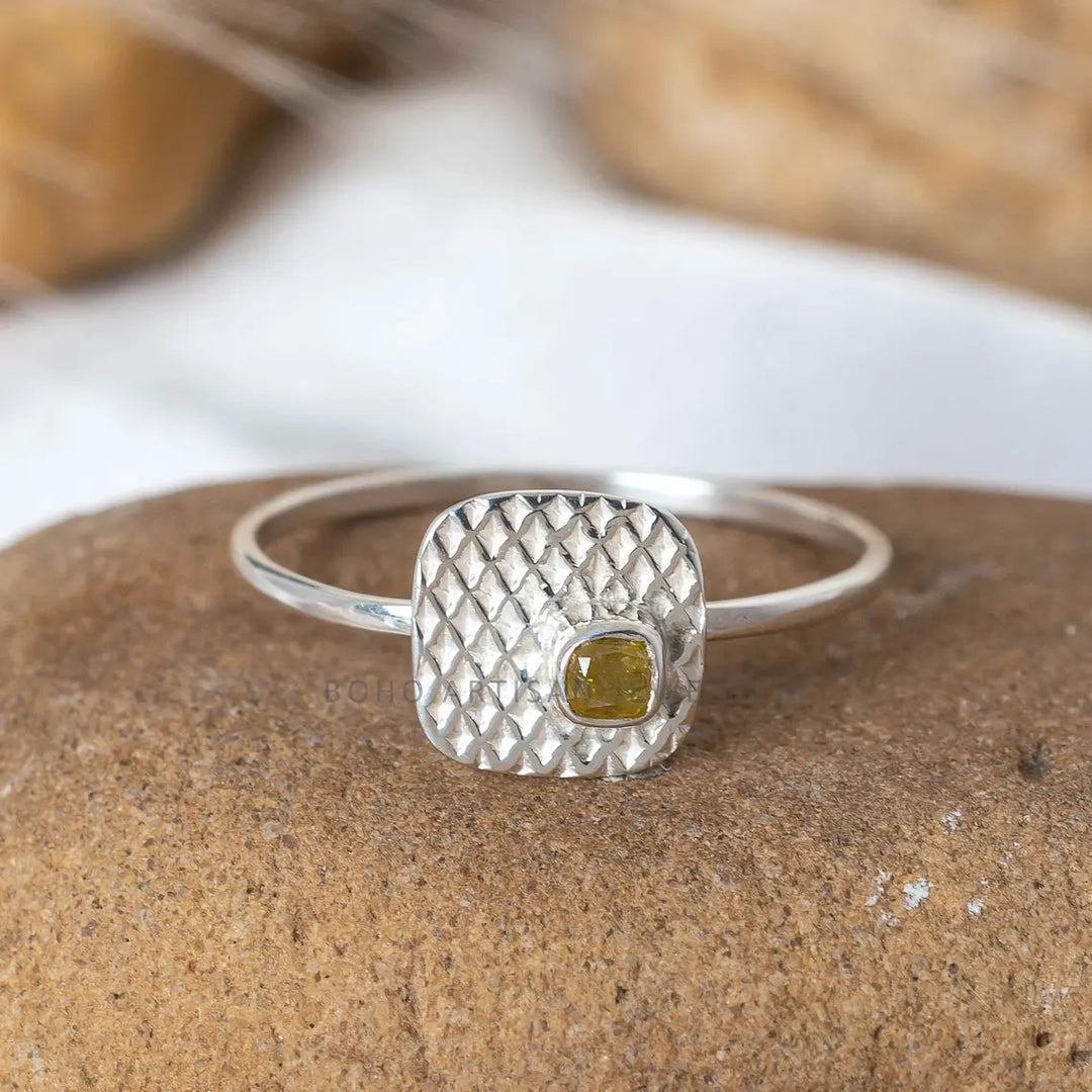 Yellow Diamond Ring: Sterling Silver Rope Bezel, Boho Engagement