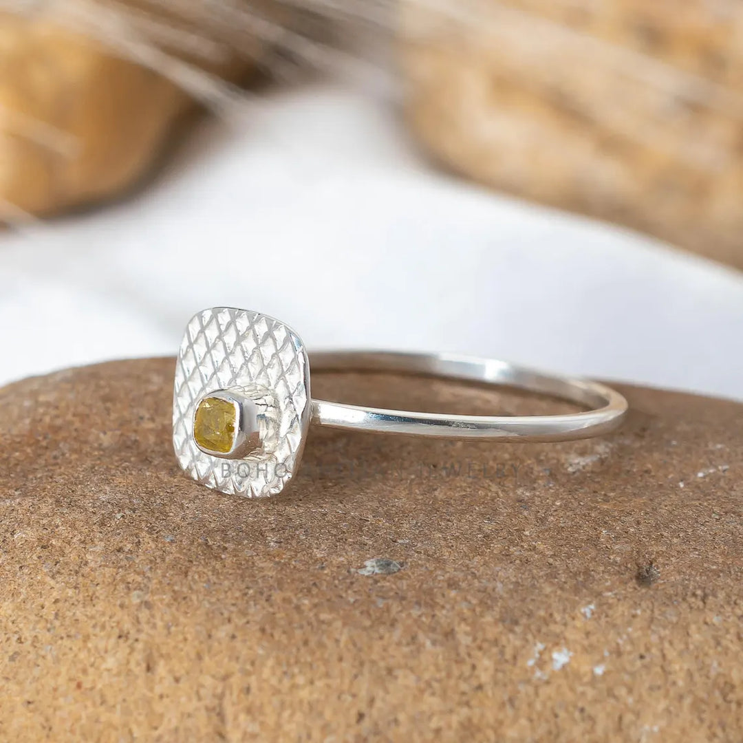 Yellow Diamond Ring: Sterling Silver Rope Bezel, Boho Engagement