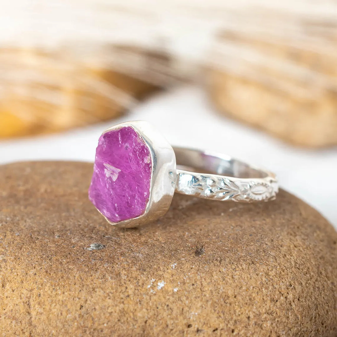 Raw Ruby Sterling Silver Floral Ring: Handmade July Birthstone