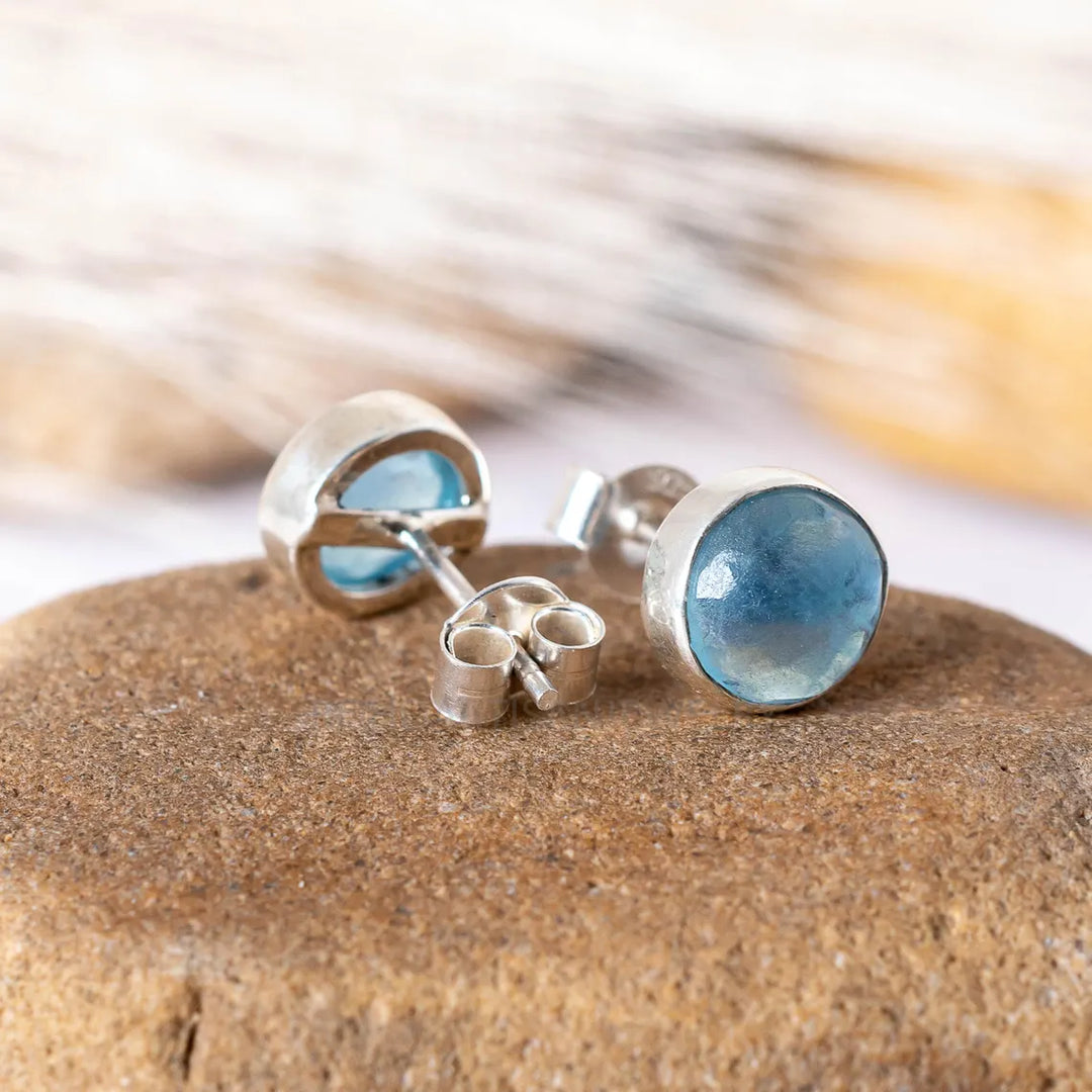 Aquamarine Moonstone Stud Earrings: Handmade Sterling Silver Jewelry