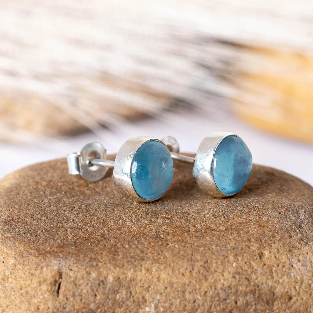 Aquamarine Moonstone Stud Earrings: Handmade Sterling Silver Jewelry