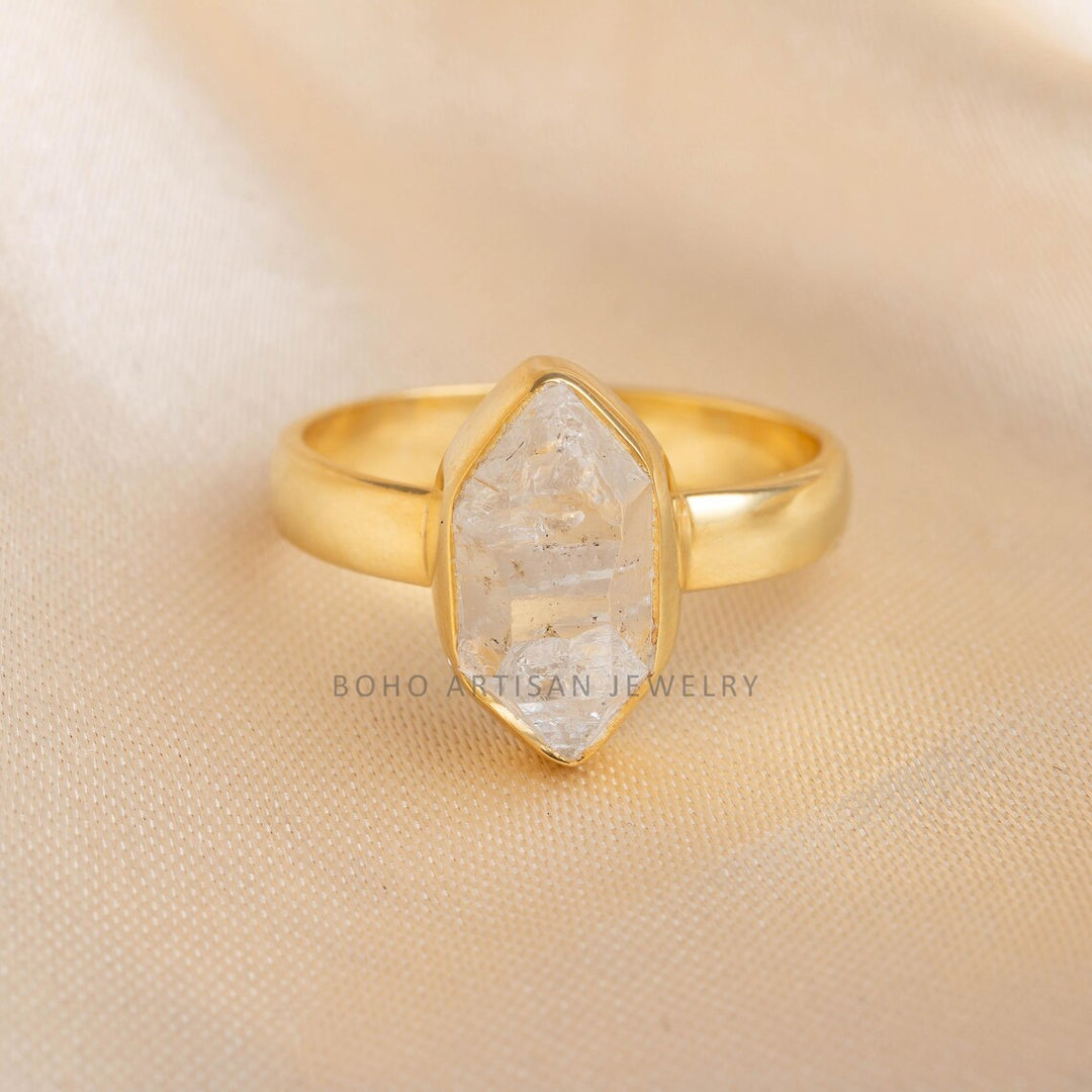 Herkimer Diamond Ring: Raw Crystal 925 Sterling Silver, Gold Plated