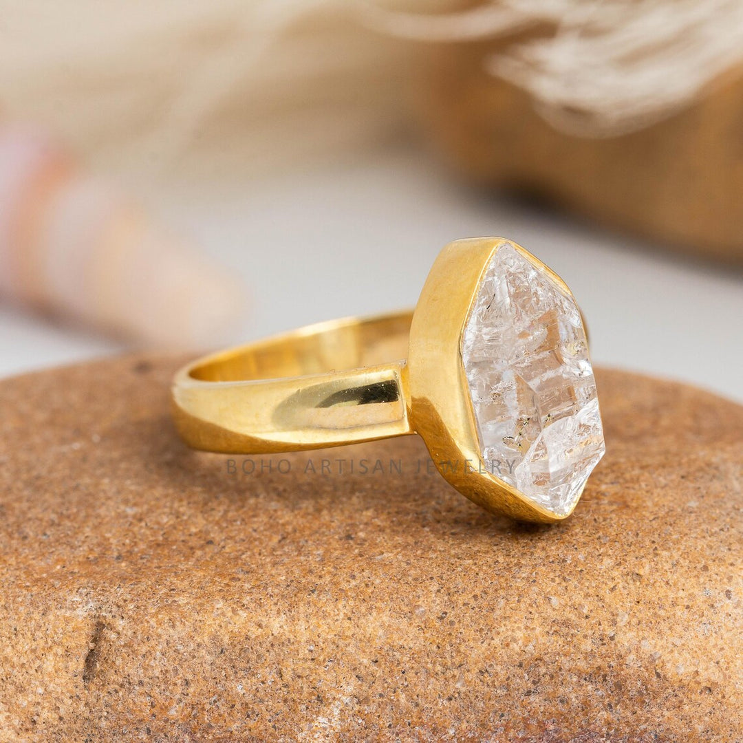 Herkimer Diamond Ring: Raw Crystal 925 Sterling Silver, Gold Plated