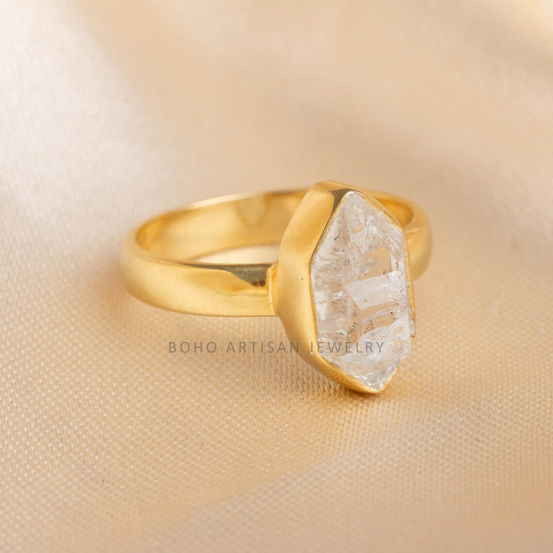 Herkimer Diamond Ring: Raw Crystal 925 Sterling Silver, Gold Plated