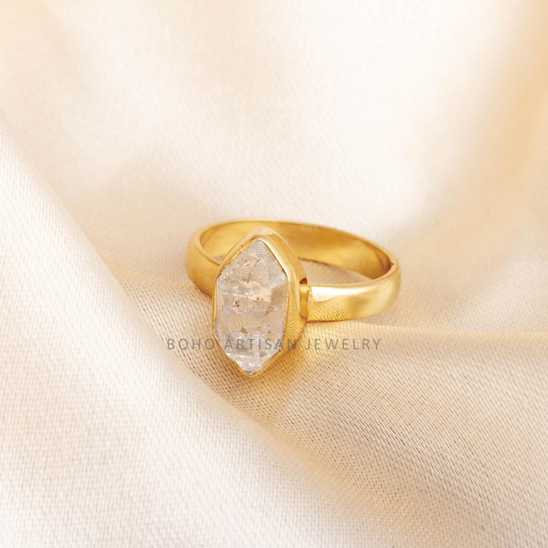 Herkimer Diamond Ring: Raw Crystal 925 Sterling Silver, Gold Plated