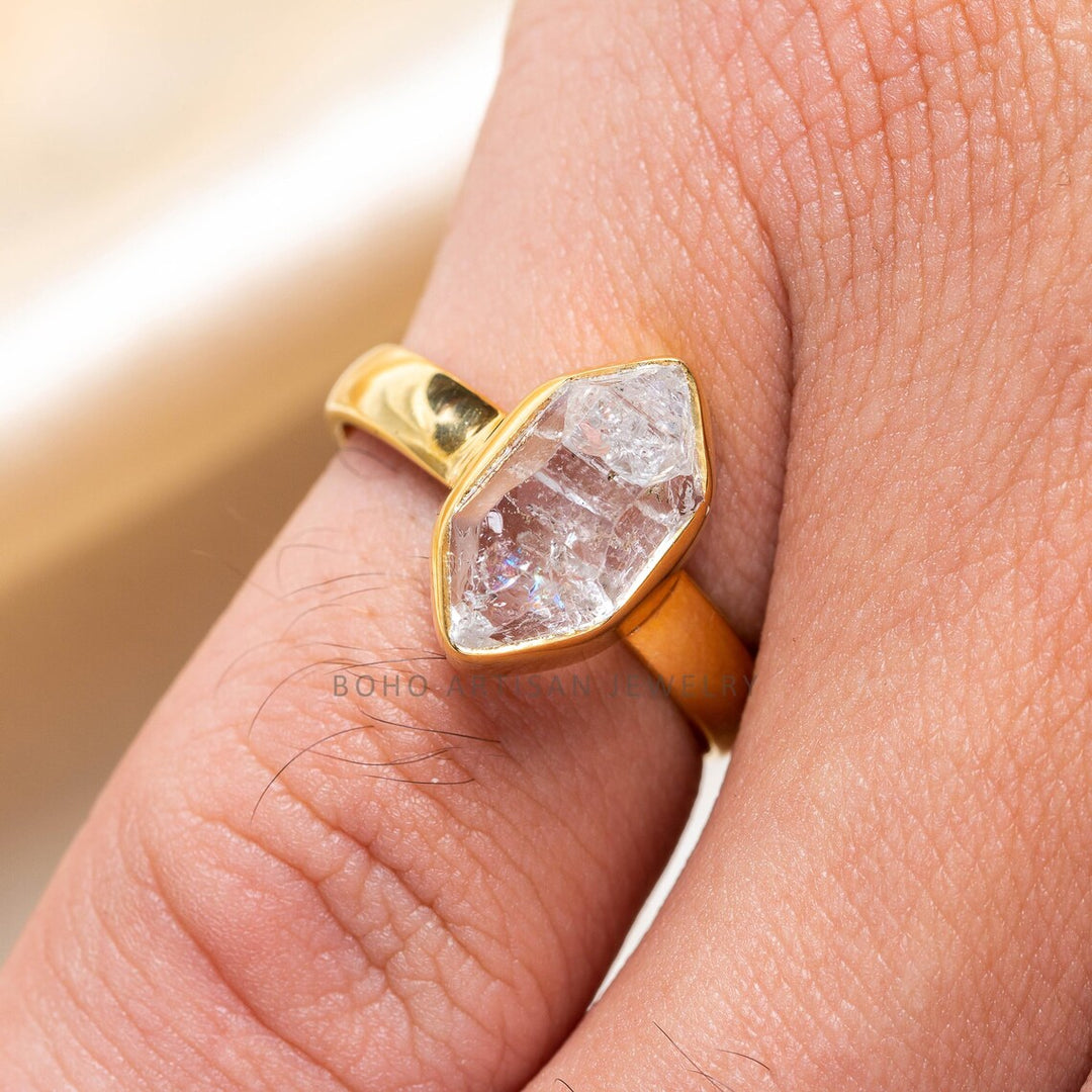 Herkimer Diamond Ring: Raw Crystal 925 Sterling Silver, Gold Plated