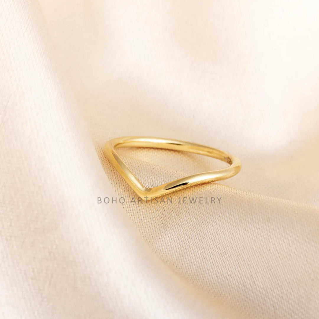 Dainty 14k Gold Chevron Ring: Sterling Silver V Band, Minimalist Stacking Jewelry