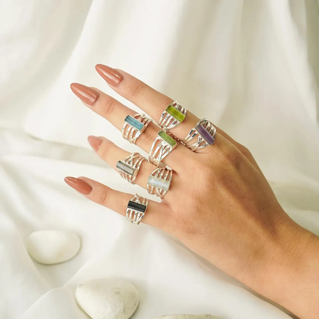 Raw Gemstone Spiral Ring: Sterling Silver Multi-Stone Birthstone Jewelry