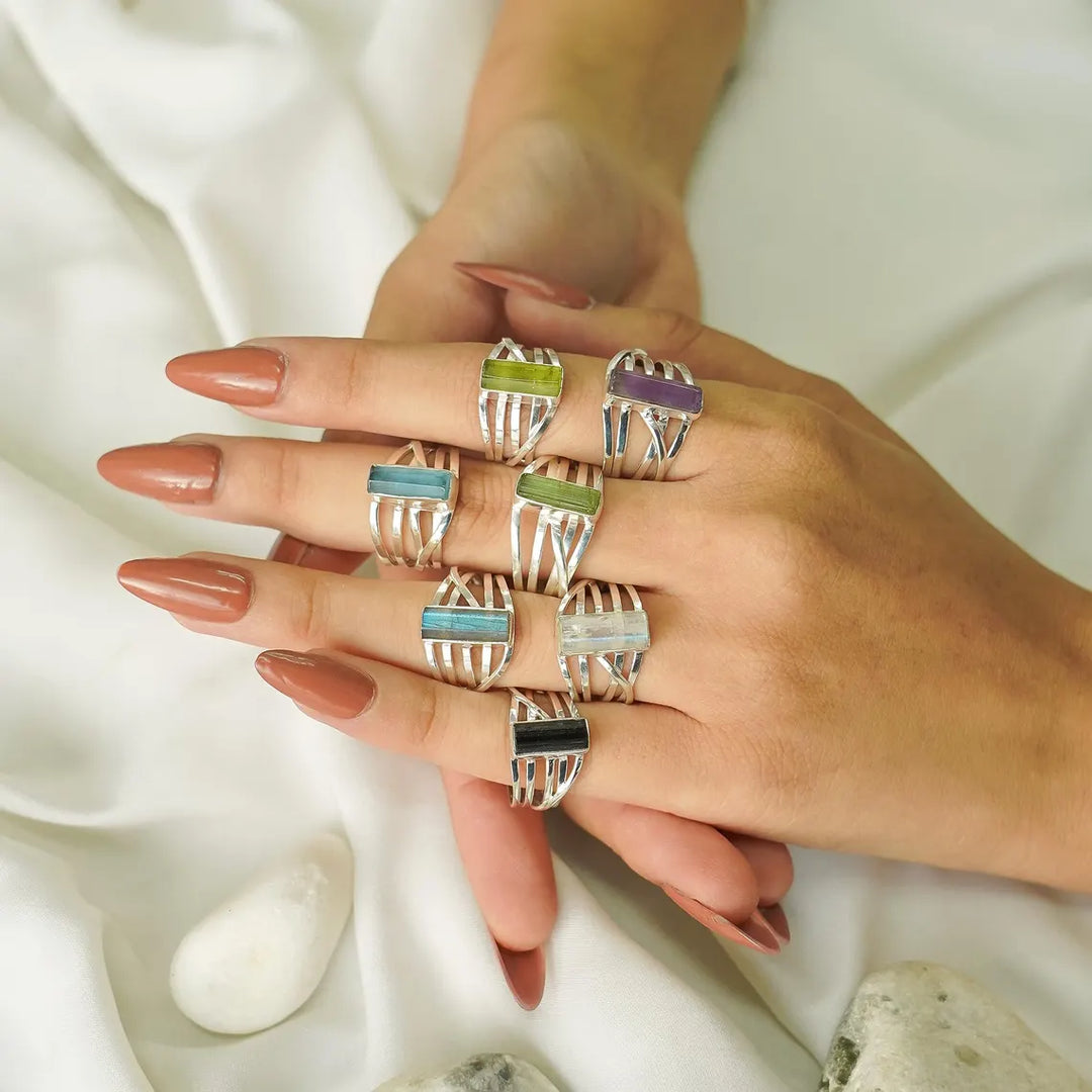 Raw Gemstone Spiral Ring: Sterling Silver Multi-Stone Birthstone Jewelry