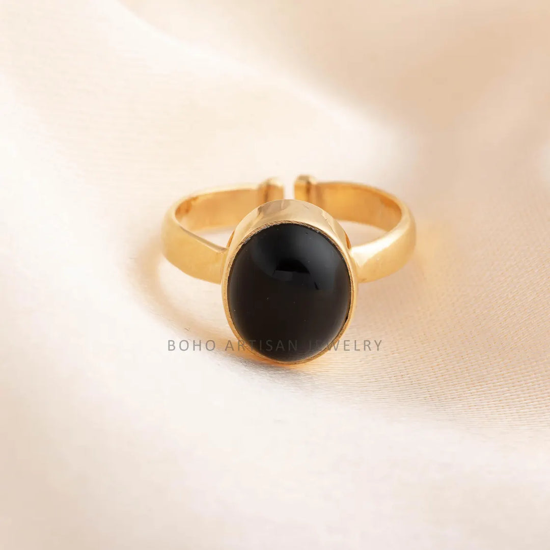 Black Obsidian Gold Ring, 14K Gold Adjustable Ring, Handmade Jewelry, Black Boho Ring, December Birthstone, Protection Ring, Gift For Her