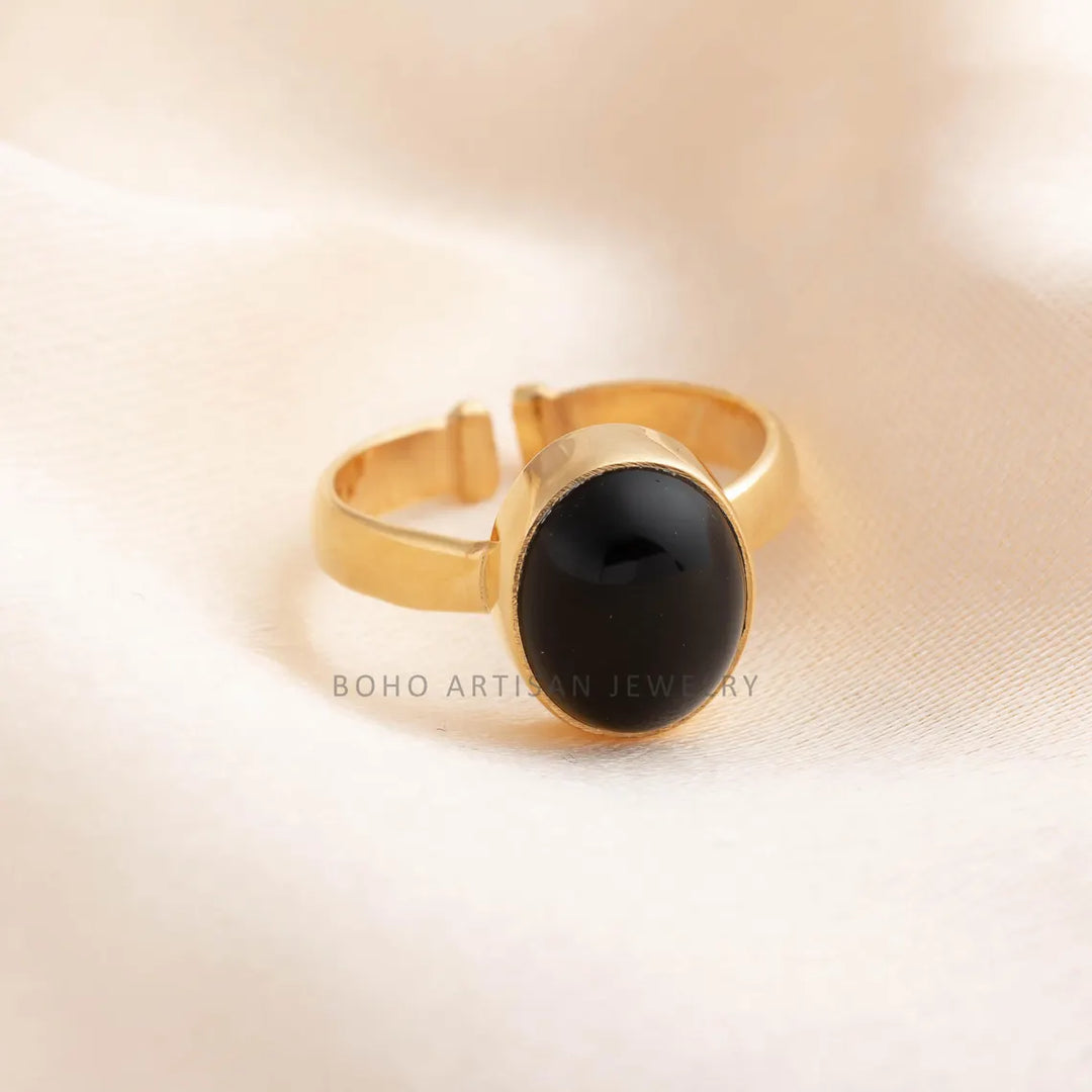 Black Obsidian Gold Ring, 14K Gold Adjustable Ring, Handmade Jewelry, Black Boho Ring, December Birthstone, Protection Ring, Gift For Her