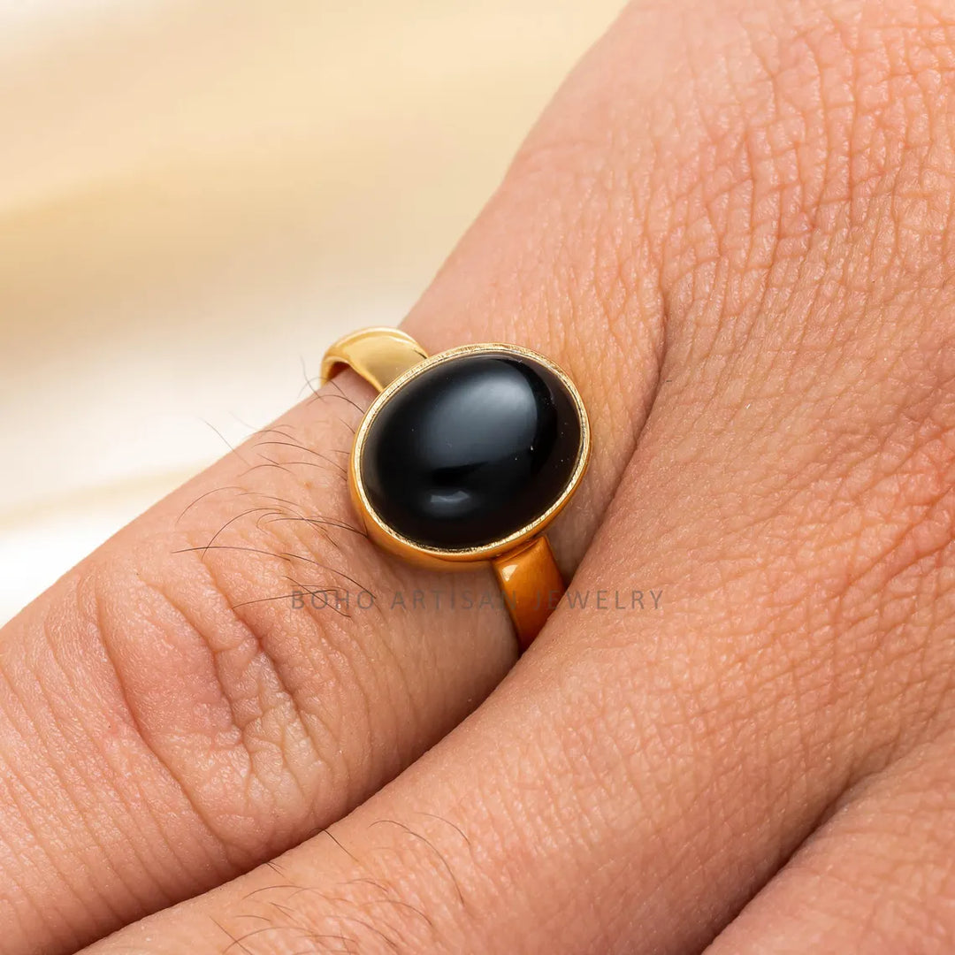 Black Obsidian Gold Ring, 14K Gold Adjustable Ring, Handmade Jewelry, Black Boho Ring, December Birthstone, Protection Ring, Gift For Her