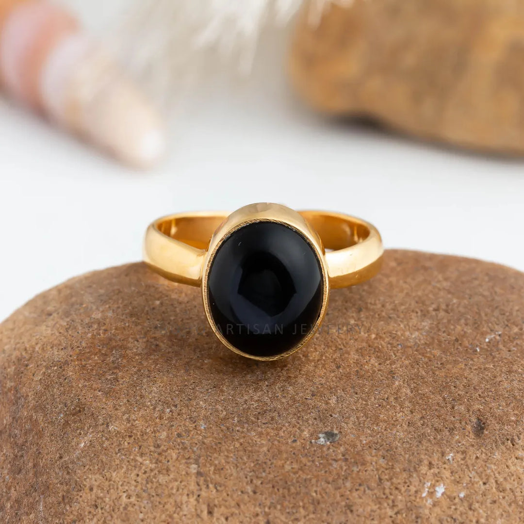 Black Obsidian Gold Ring, 14K Gold Adjustable Ring, Handmade Jewelry, Black Boho Ring, December Birthstone, Protection Ring, Gift For Her