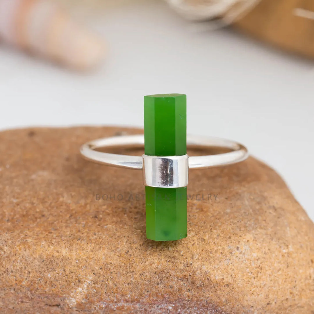 Raw Green Jade Ring, Stick Bar Ring, Handmade Silver Ring, Statement Jewelry, Natural Jade Ring, March Birthstone Jewelry, Gift For Her