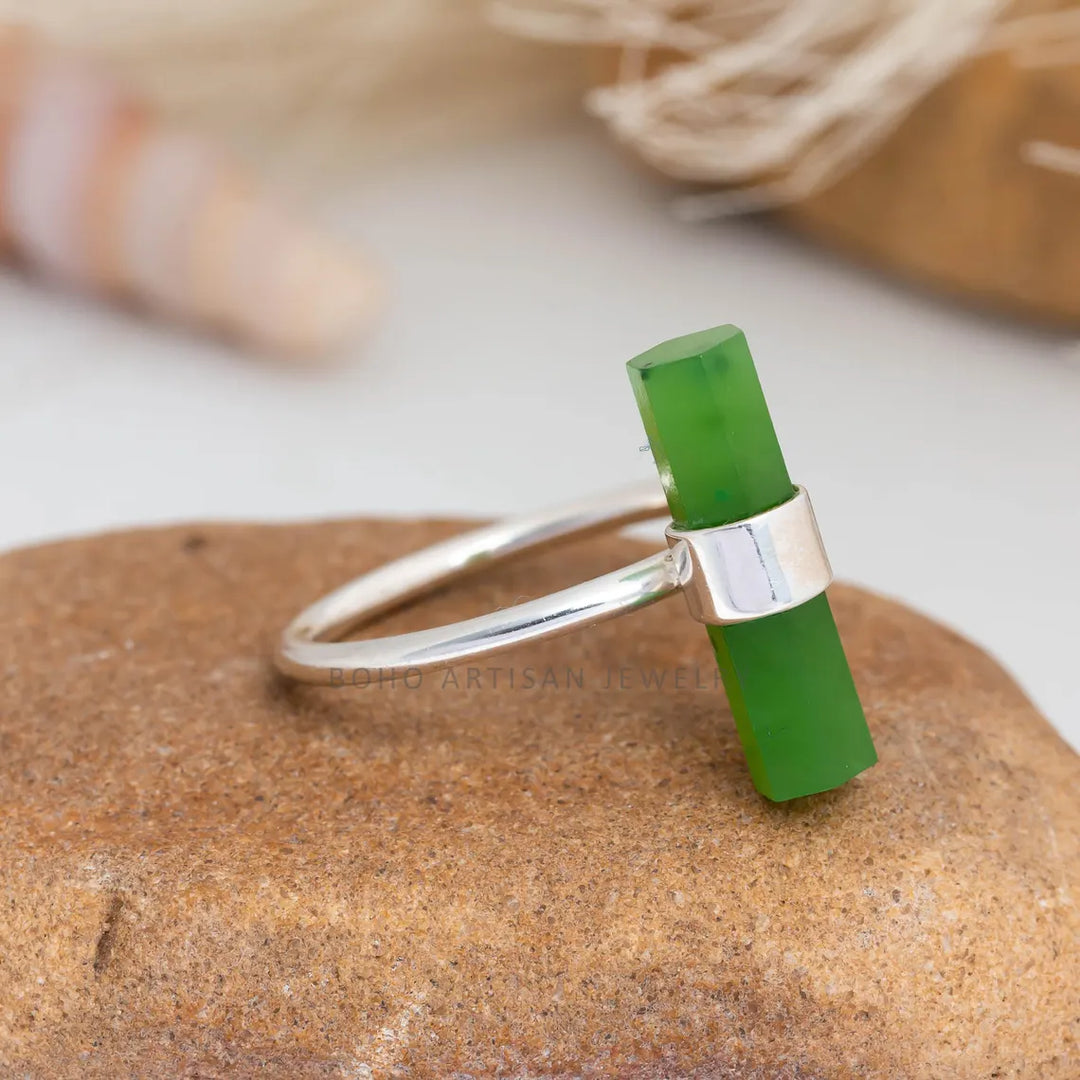 Raw Green Jade Ring, Stick Bar Ring, Handmade Silver Ring, Statement Jewelry, Natural Jade Ring, March Birthstone Jewelry, Gift For Her