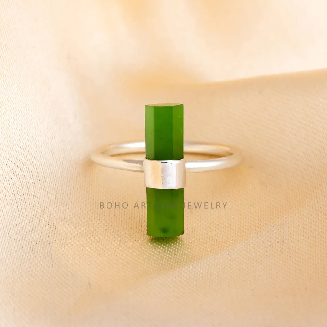 Raw Green Jade Ring, Stick Bar Ring, Handmade Silver Ring, Statement Jewelry, Natural Jade Ring, March Birthstone Jewelry, Gift For Her