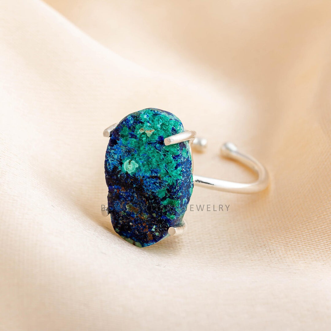 Raw Azurite Malachite Ring: Adjustable Sterling Silver Boho Jewelry