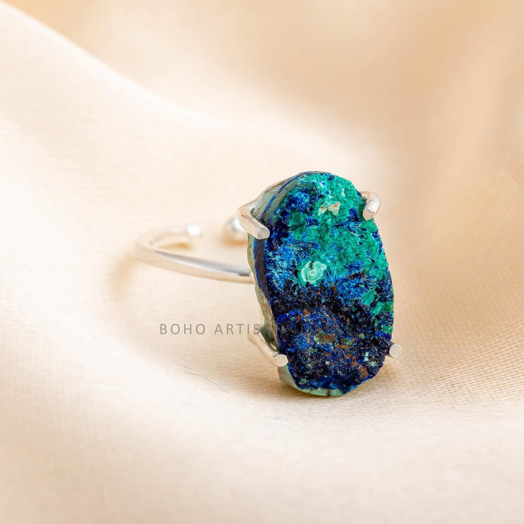 Raw Azurite Malachite Ring: Adjustable Sterling Silver Boho Jewelry
