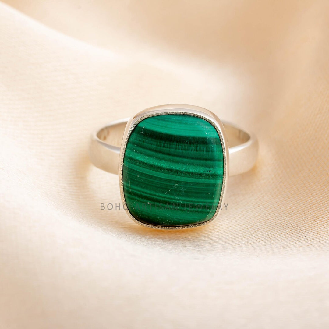 Adjustable Malachite Sterling Silver Ring: Boho Gemstone Jewelry