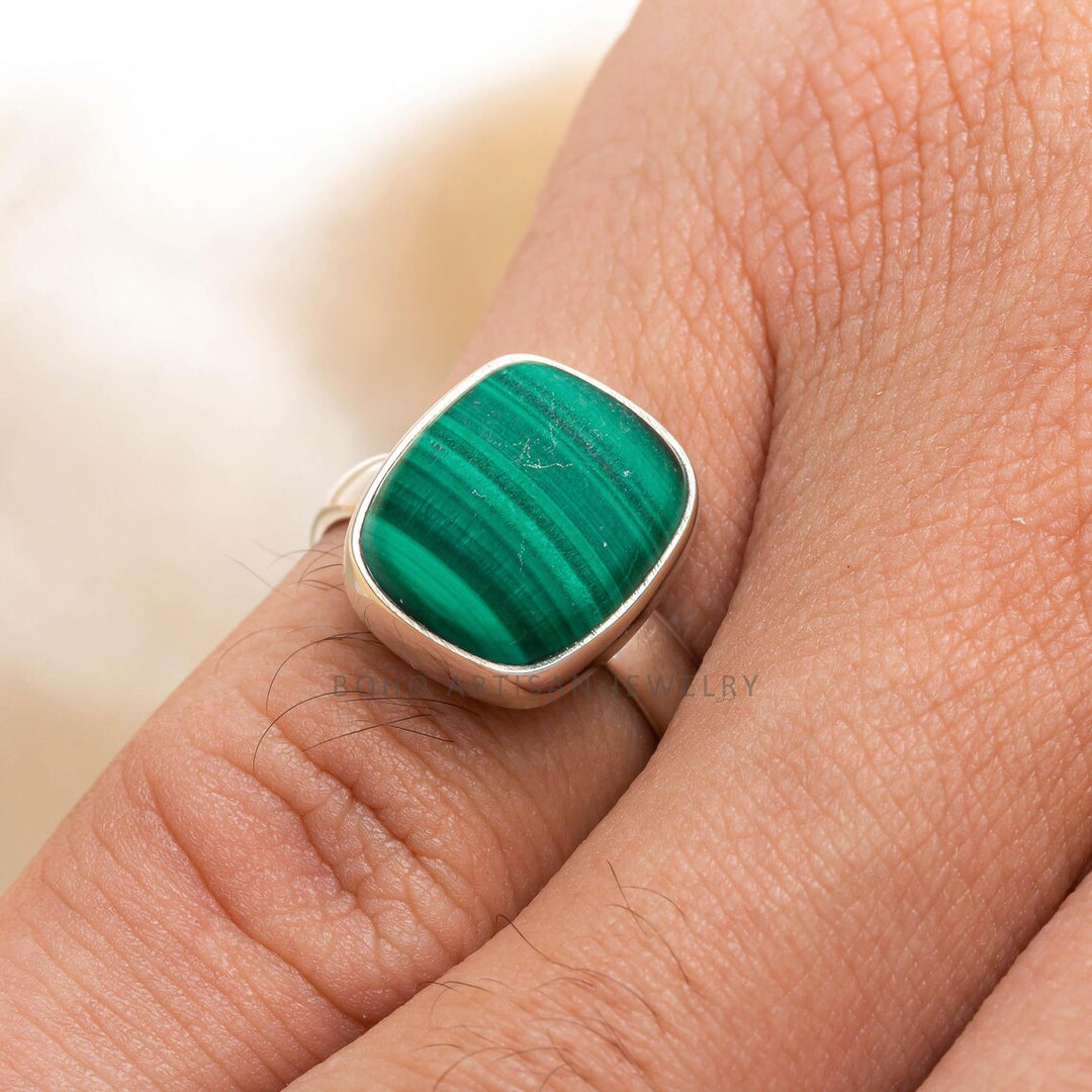 Adjustable Malachite Sterling Silver Ring: Boho Gemstone Jewelry