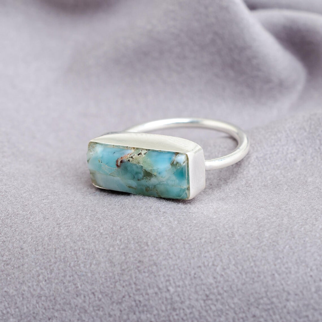 Larimar Bar Ring: Handmade Sterling Silver Boho Gemstone Jewelry