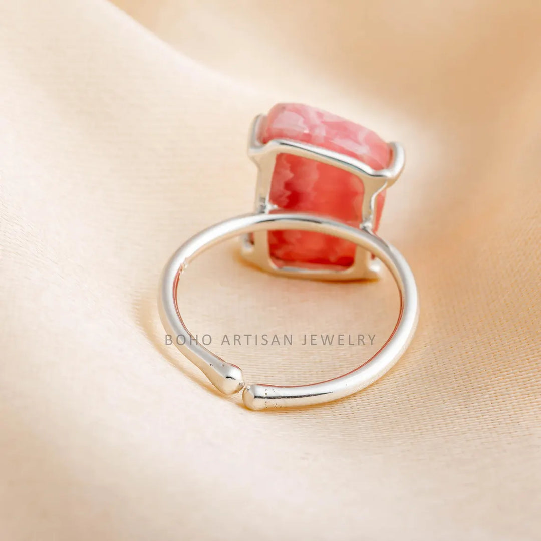 Adjustable Rhodochrosite Ring: 925 Sterling Silver Boho Jewelry
