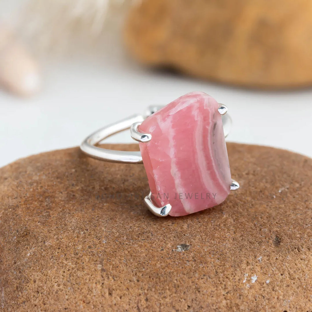 Adjustable Rhodochrosite Ring: 925 Sterling Silver Boho Jewelry