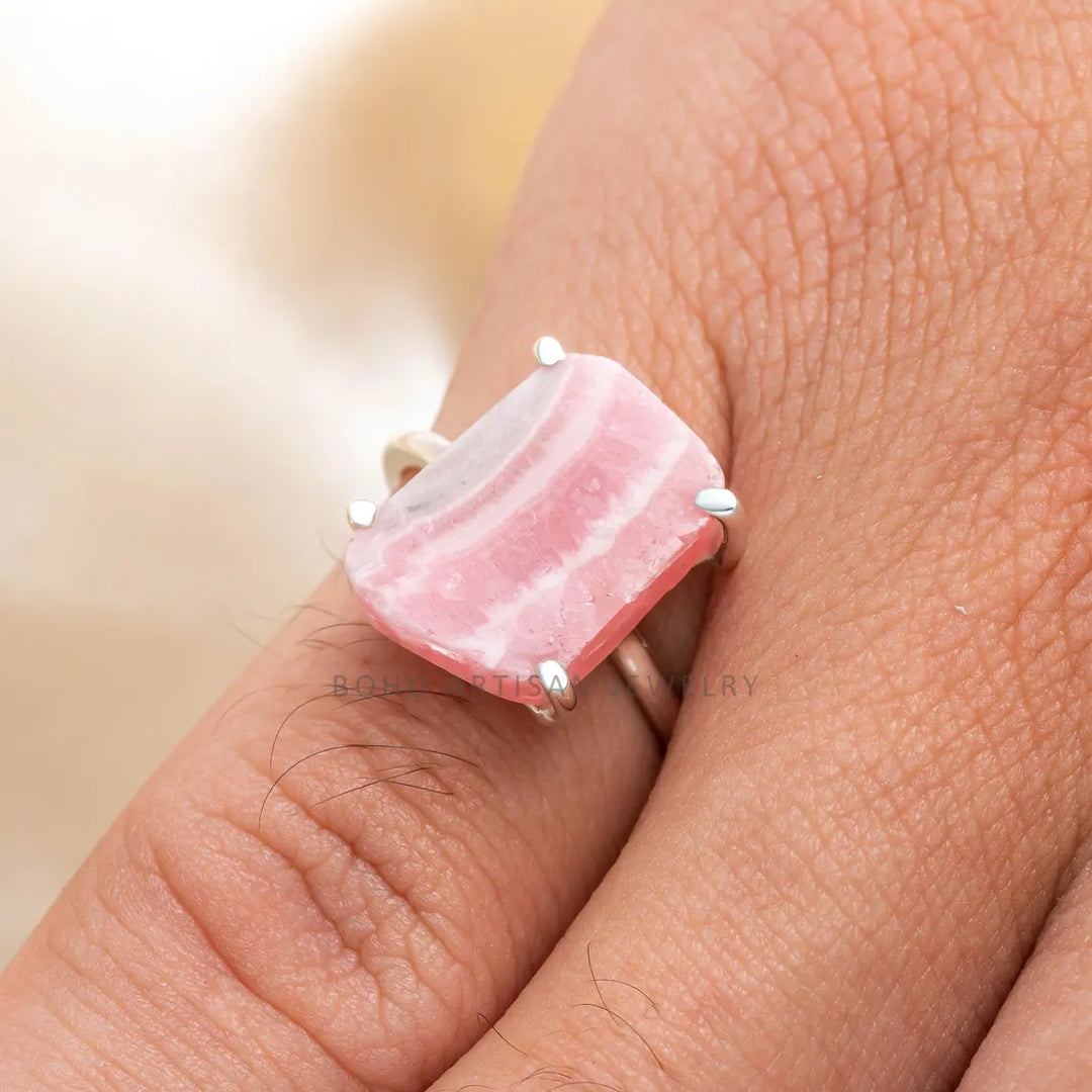 Adjustable Rhodochrosite Ring: 925 Sterling Silver Boho Jewelry