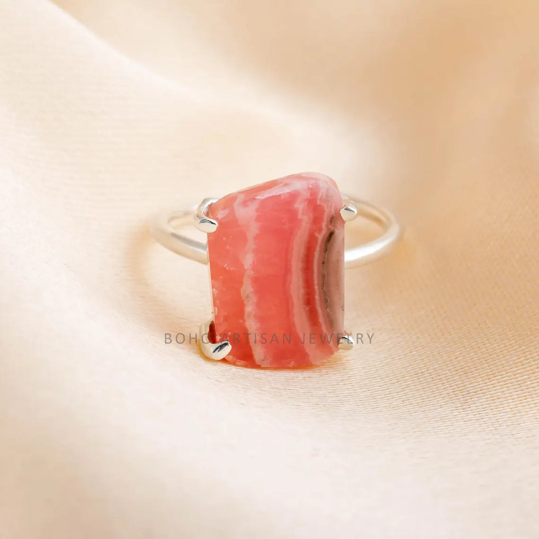 Adjustable Rhodochrosite Ring: 925 Sterling Silver Boho Jewelry
